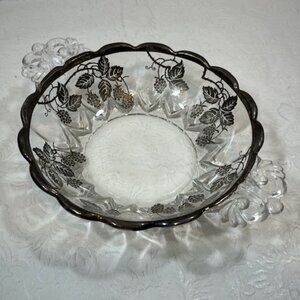 VTG Etched Glass Candy/Serving Dish w/Sterling Overlay Scroll Handles 6" Wide